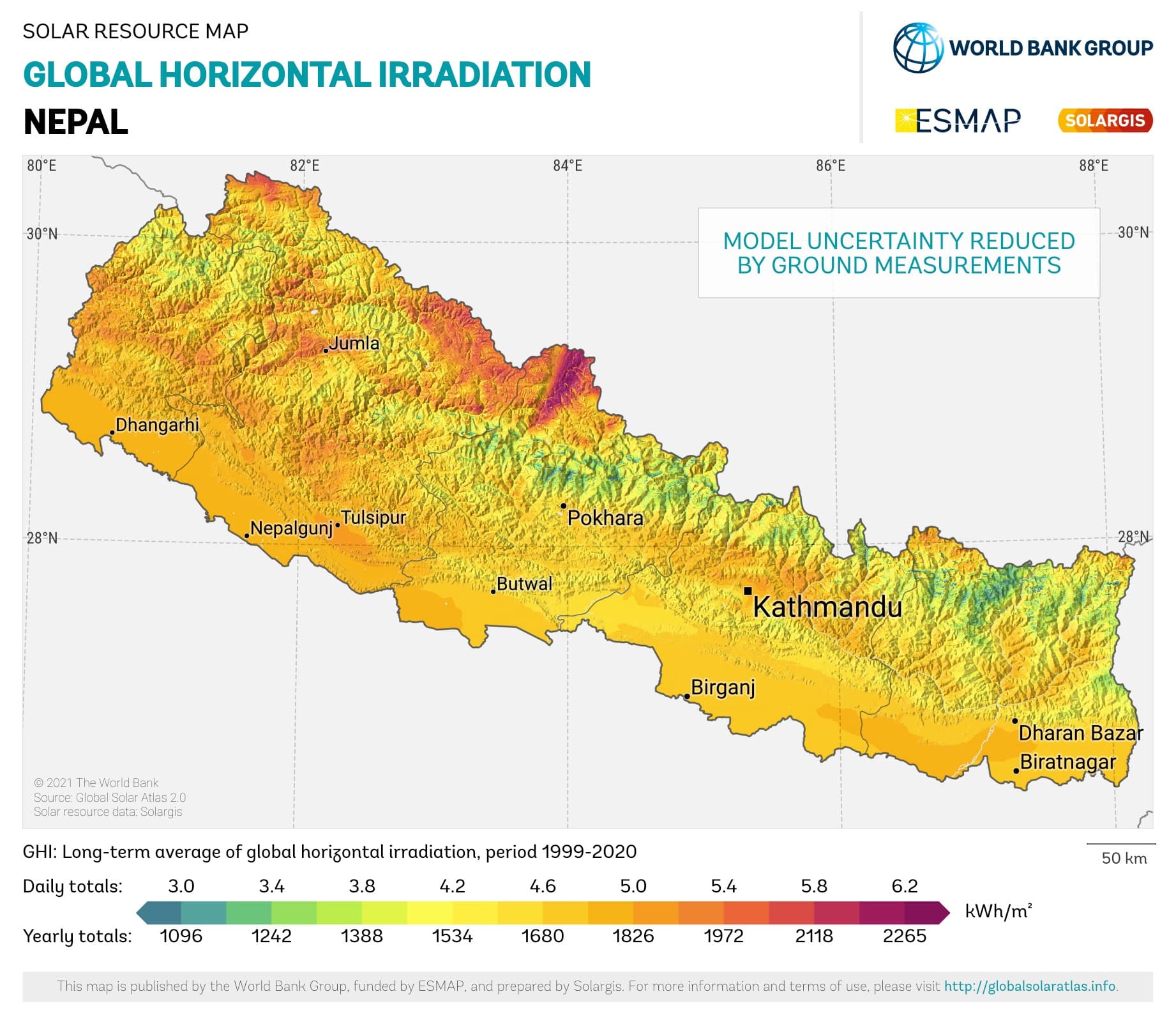 Solar resource map of Nepal — global horizontal irradiation, World Bank Group / Solargis